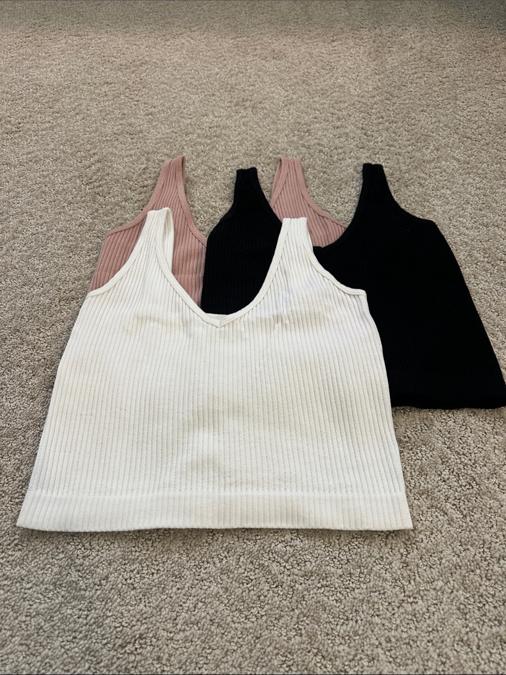 Ribbed V-Neck Tank Top - White, Black & Dusty Rose